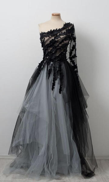 Black One Shoulder Tulle Long Prom Dress Evening Dress HZ1023